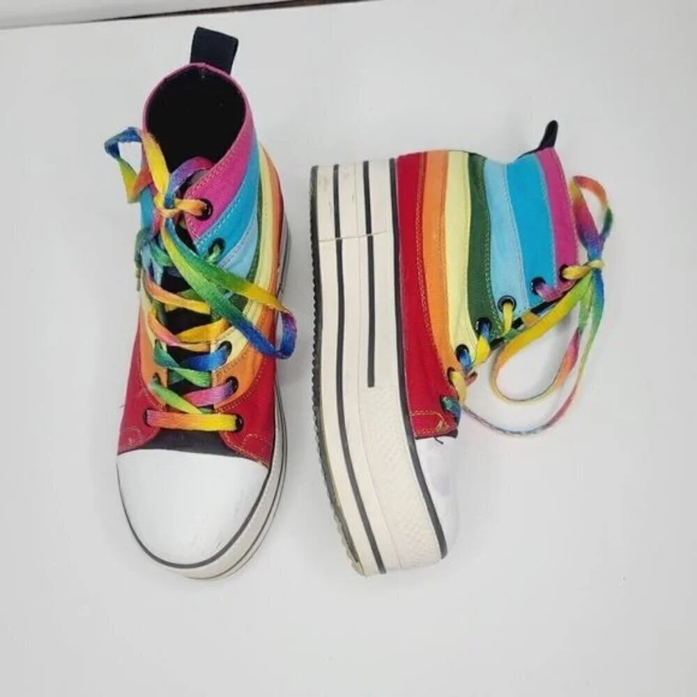 Vintage 90s Rare Rainbow Pride Rave Chunky Lace Up High Top Sneaker